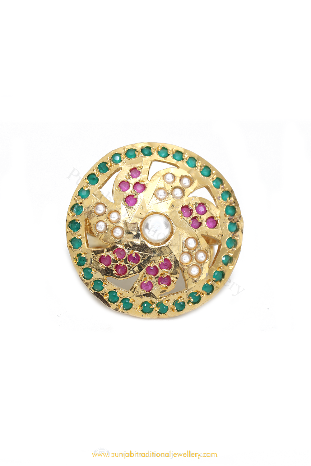 Gold Finished Navratan Kundan Ring By PTJ