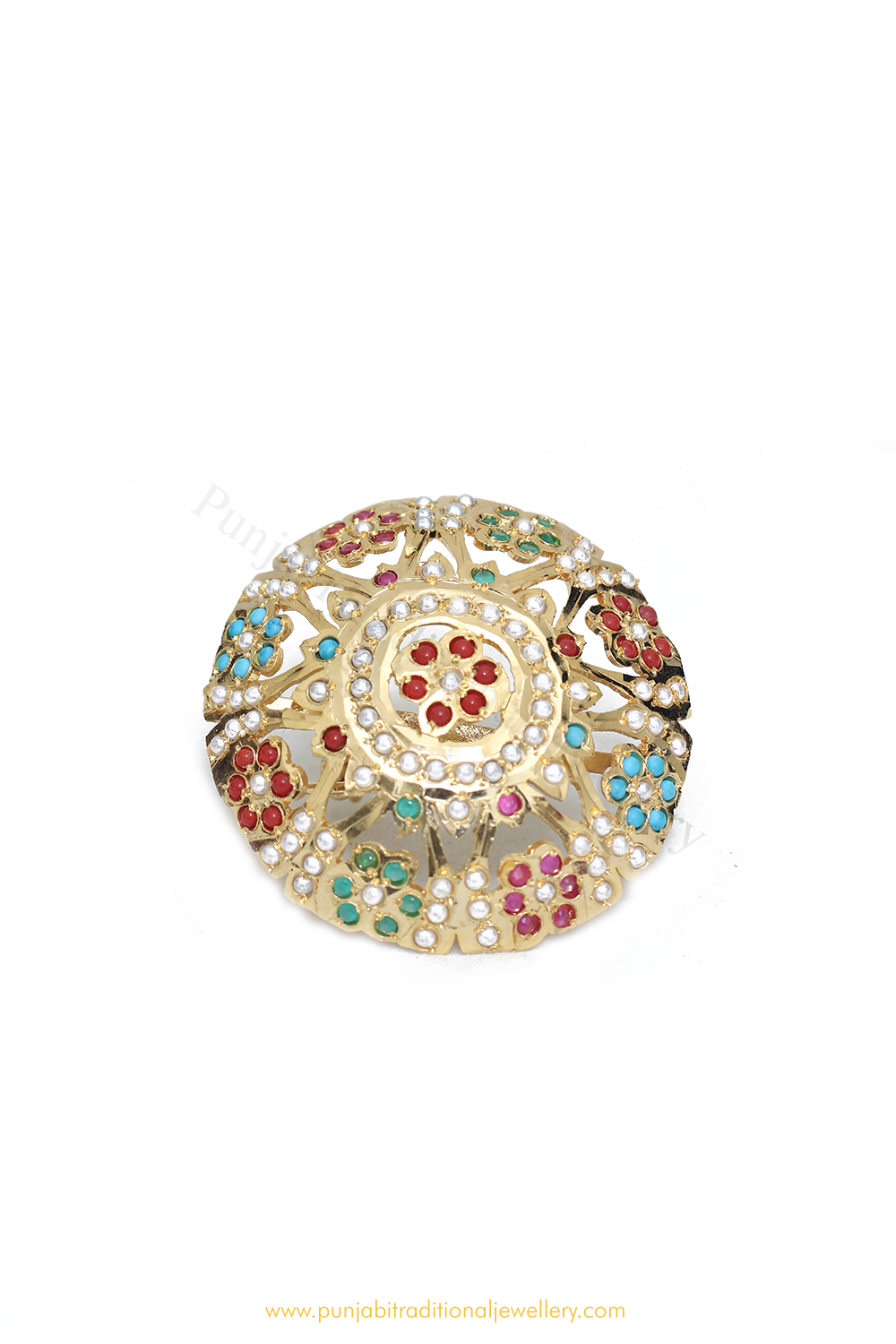 Gold Finished Navratan Kundan Ring By PTJ