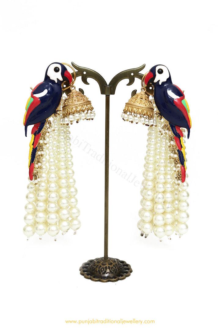 Gold Finished Hand Painted Parrot Earrings by PTJ