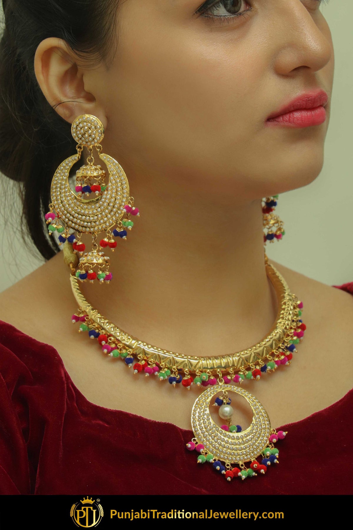 Gazala Gold Finished Navratan Hasli Necklace, Tikka & Earrings | Punjabi Traditional Jewellery Exclusive