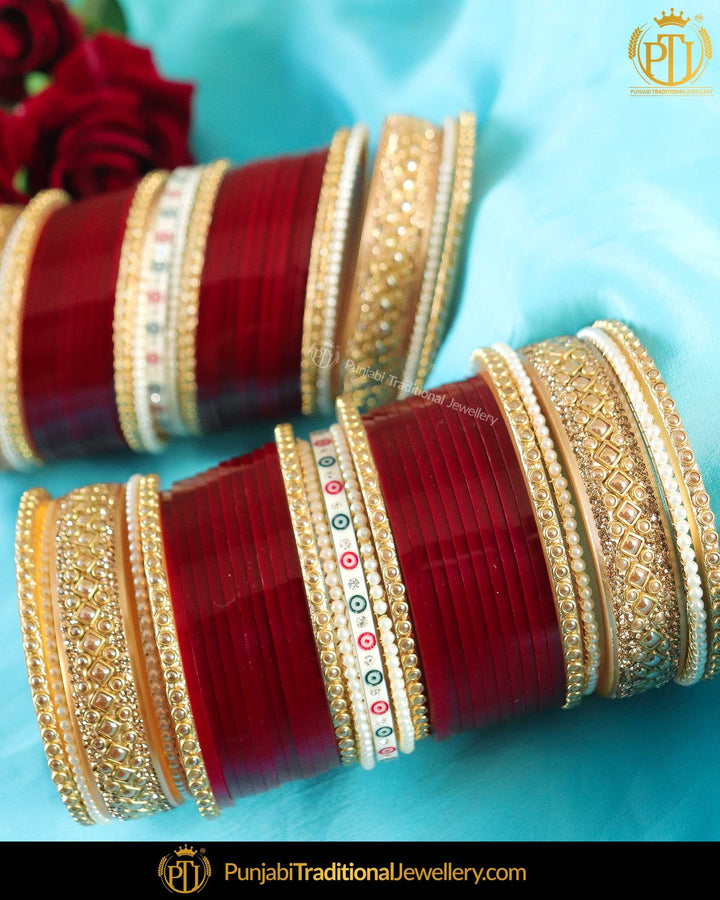 Gold Pearl Dotted Maroon Bridal Chura | Punjabi Traditional Jewellery Exclusive