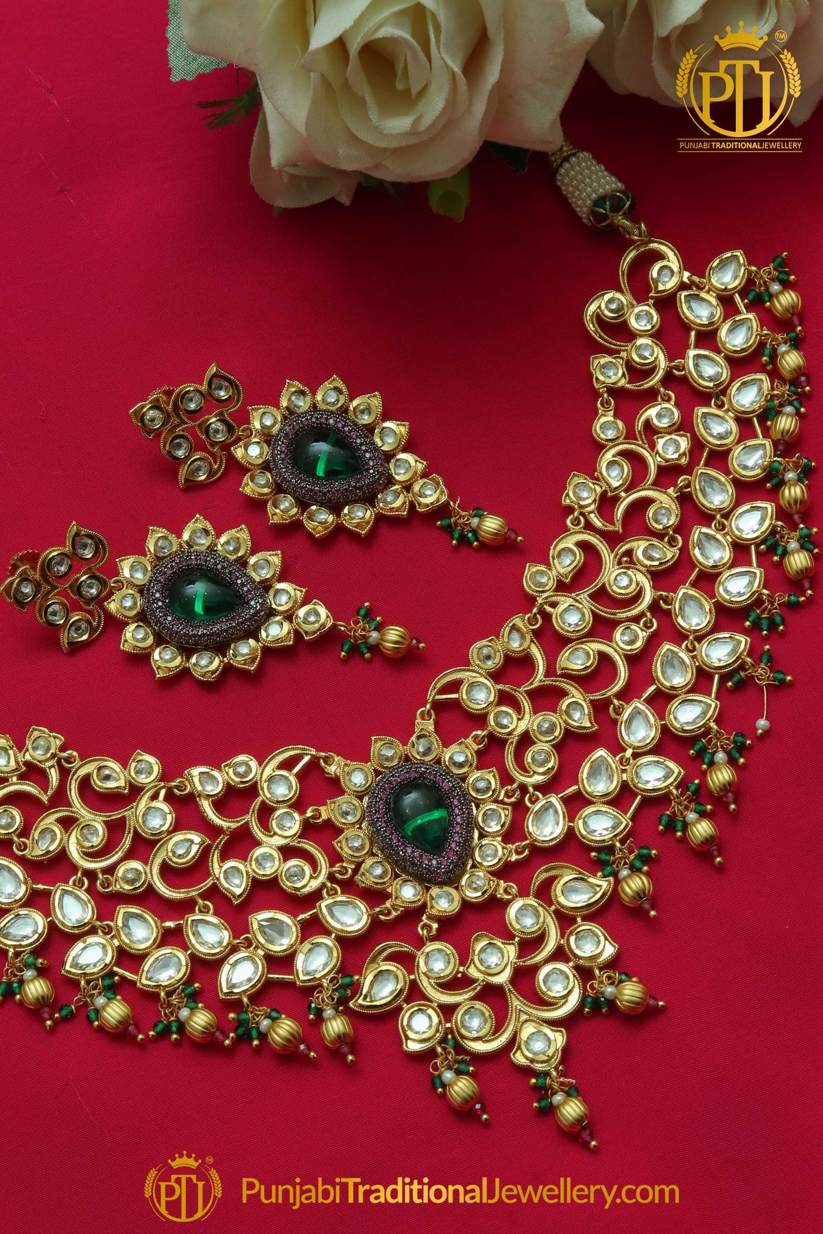 Matt Gold Green Kundan Necklace Set By Punjabi Taditional Jewellery