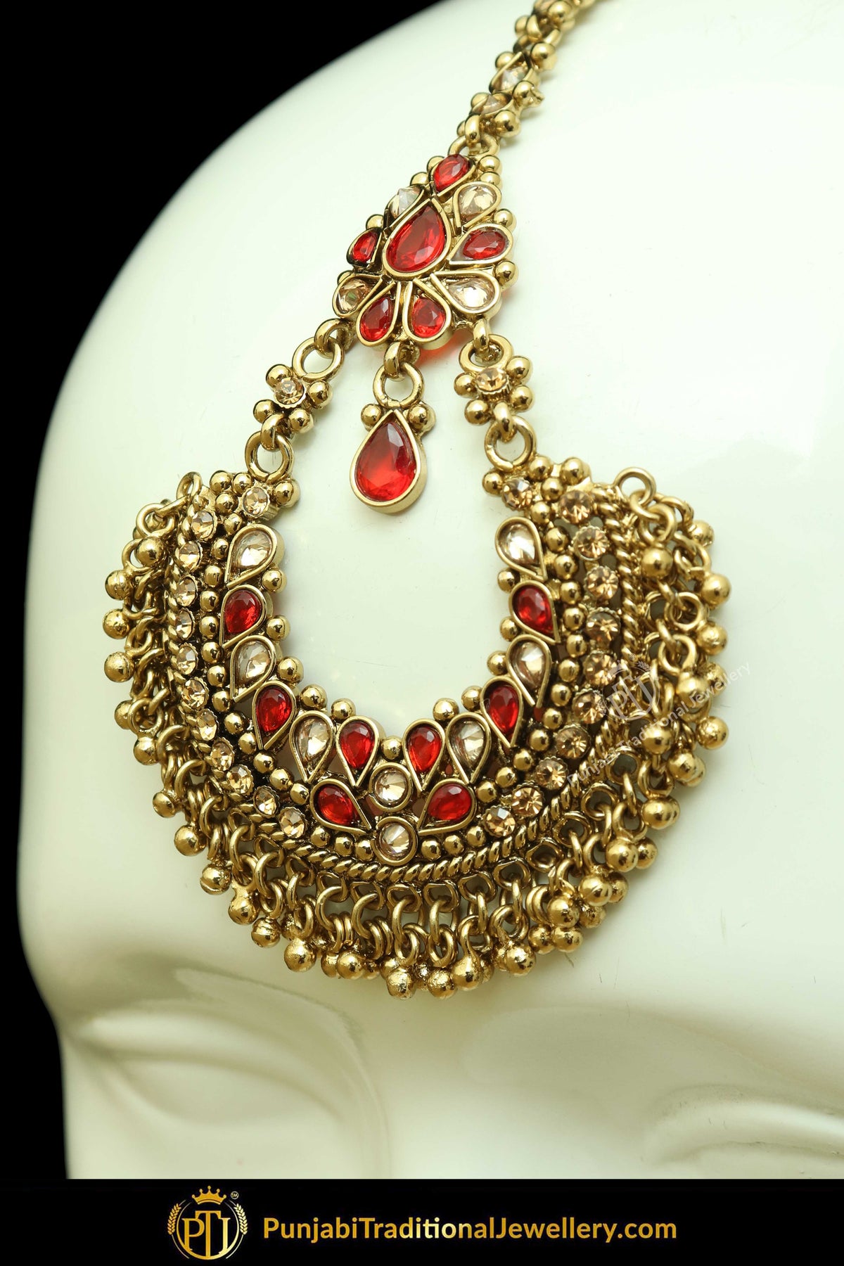 Antique Gold Finised Champagne Stone Red Earring Tikka Set By Punjabi Traditional Jewellery