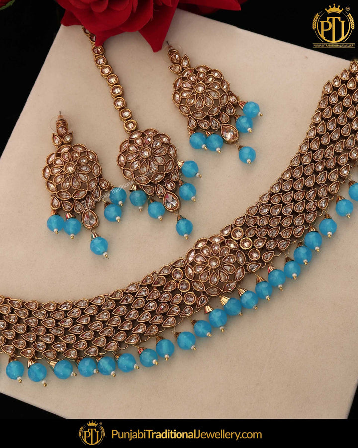Gold Finished Firozi Chamapgne Stone Pearl Choker Necklace Set | Punjabi Traditional Jewellery Exclusive