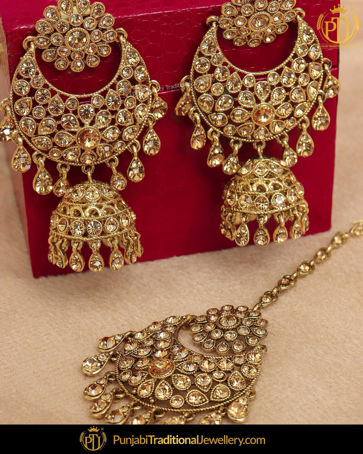 Gold Finished Champagne Stone Earring Tikka Set | Punjabi Traditional Jewellery Exclusive