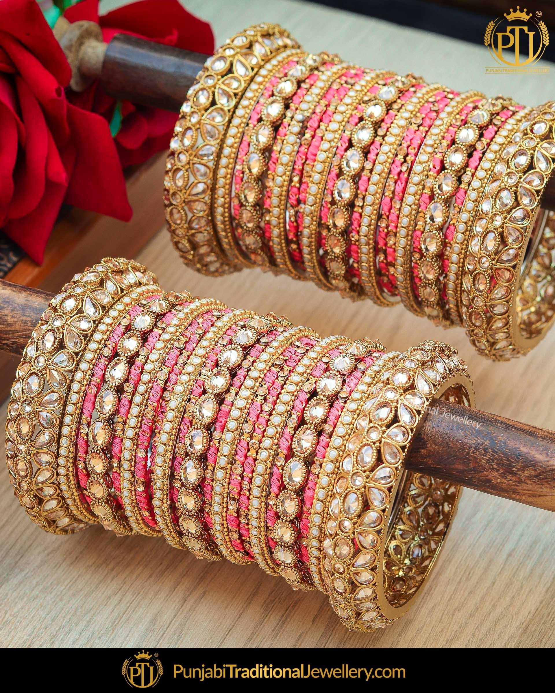 Pink champagne stone thread Bangles Set (Both Hand Pair) | Punjabi Traditional Jewellery Exclusive