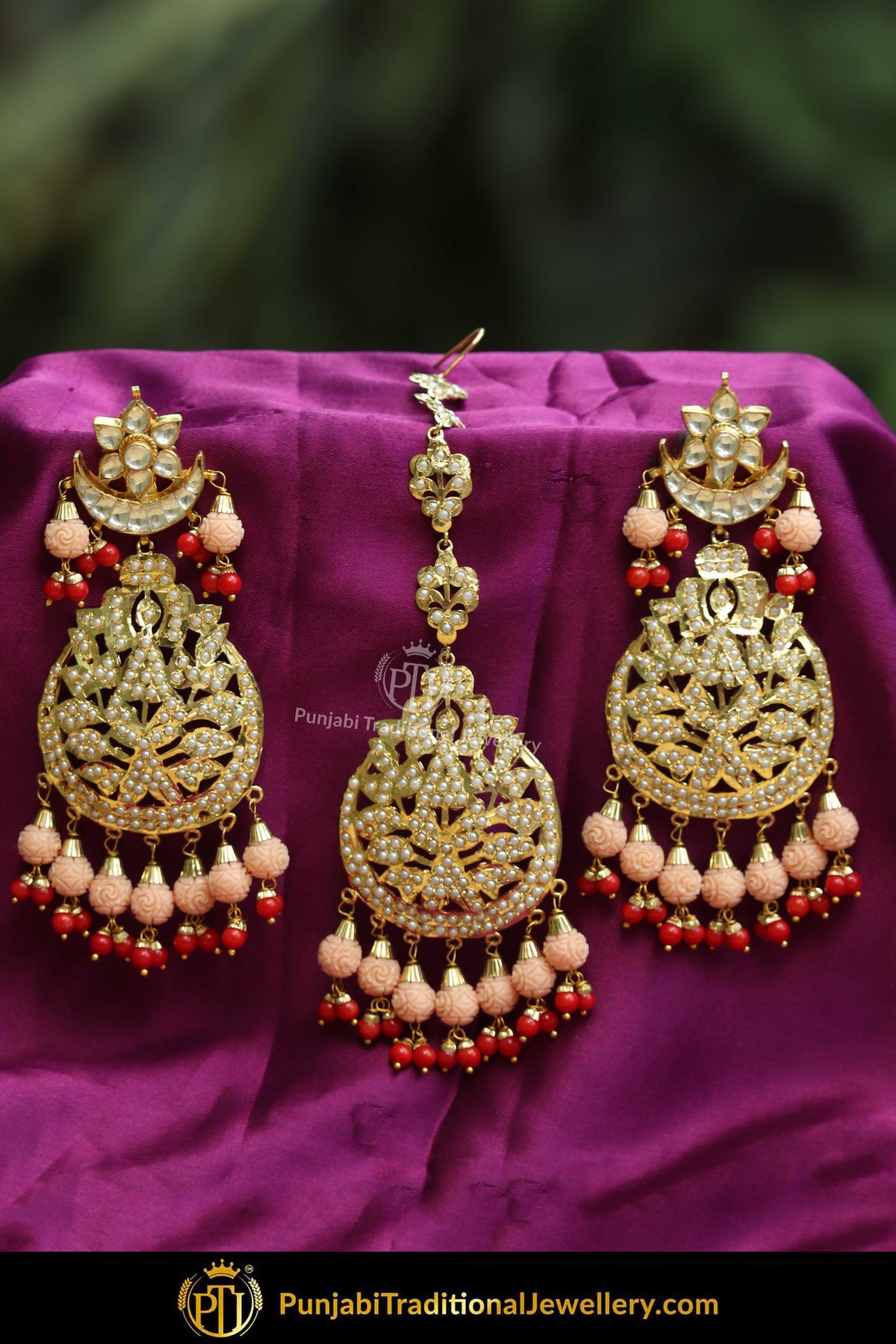 Gold Finished Pink & Red Jadau Pearl Earring Tikka Set | Punjabi Traditional Jewellery Exclusive