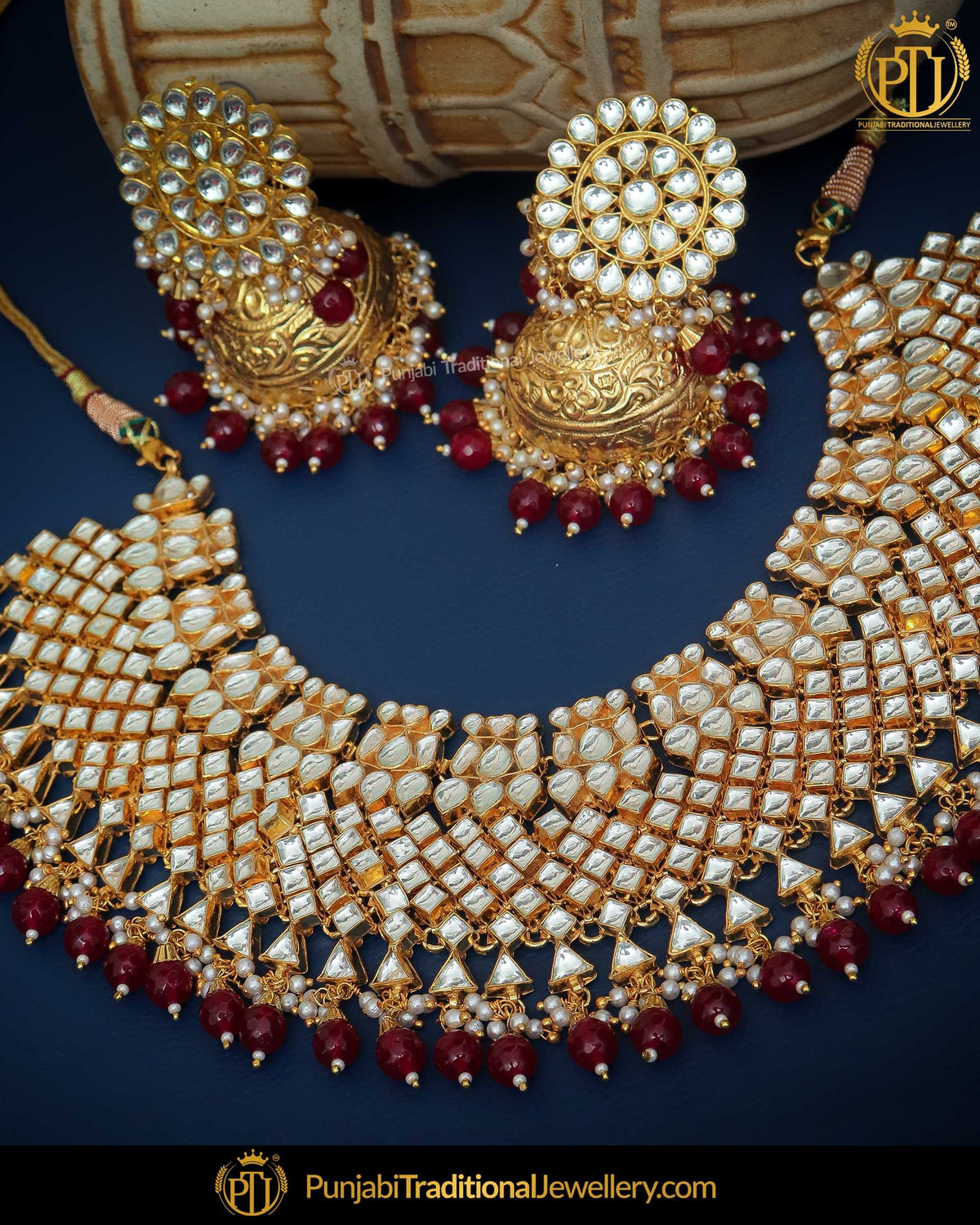 Gold Finished Kundan & Jhumki Rubby Pearl Earrings & Necklace | Punjabi Traditional Jewellery Exclusive