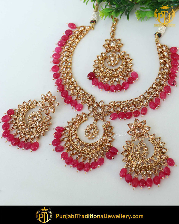 Gold Finished Rubby Champagne Stone Pearl Necklace Set | Punjabi Traditional Jewellery Exclusive