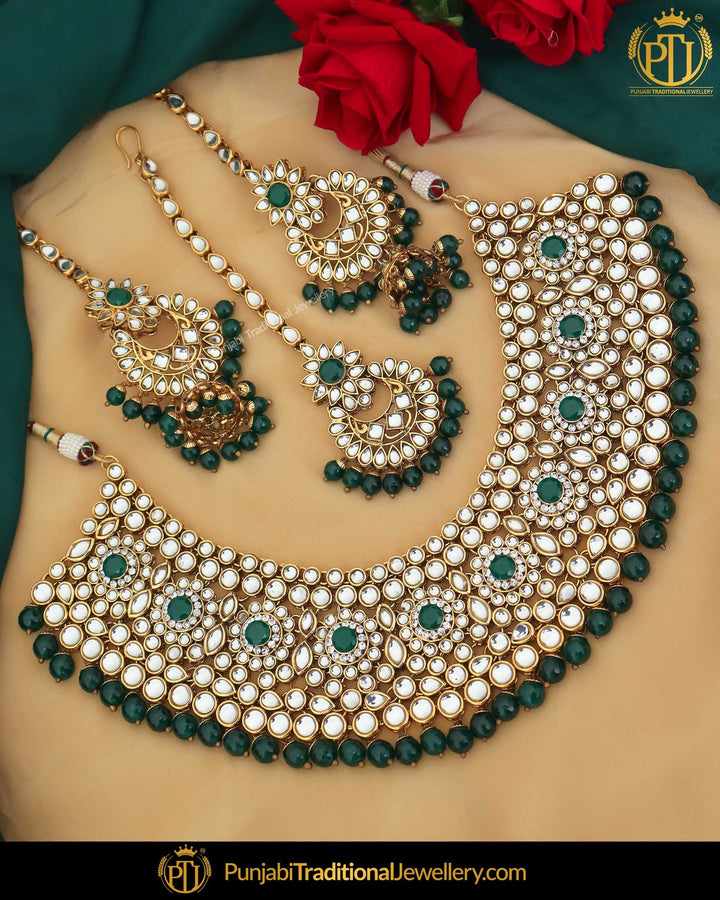 Gold Finished Kundan Emerlad Pearl Necklace Set | Punjabi Traditional Jewellery Exclusive