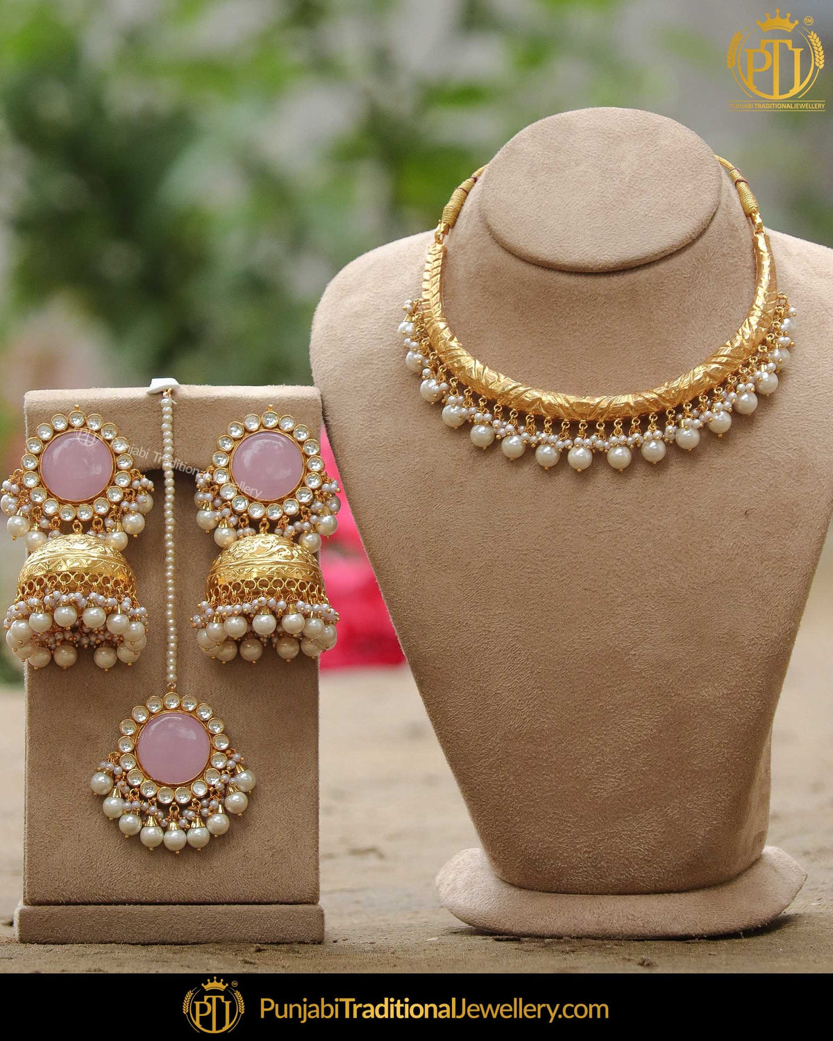 Gold Finished Pink Pearl Hasli Kundan Necklace Set | Punjabi Traditional Jewellery Exclusive
