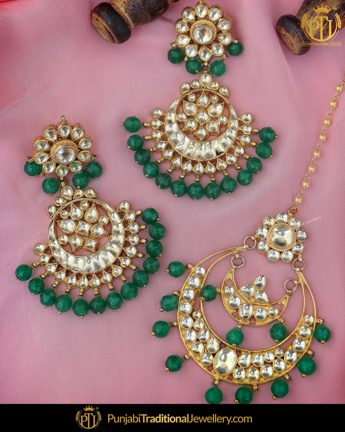 Gold Finished Emerald Pearl Kundan Earring Tikka Set | Punjabi Traditional Jewellery Exclusive