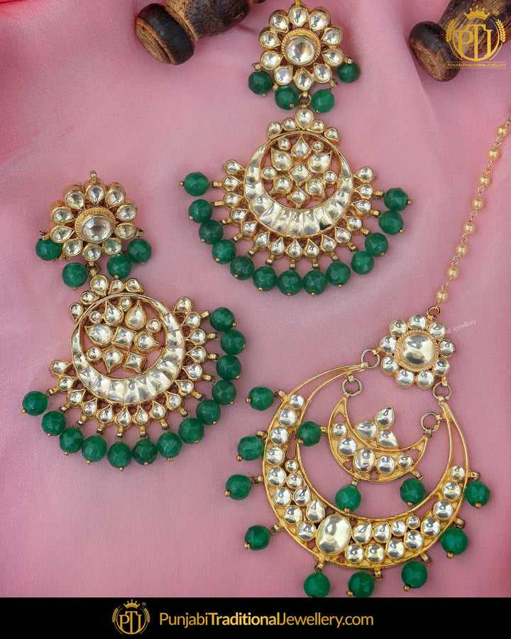 Gold Finished Emerald Pearl Kundan Earring Tikka Set | Punjabi Traditional Jewellery Exclusive