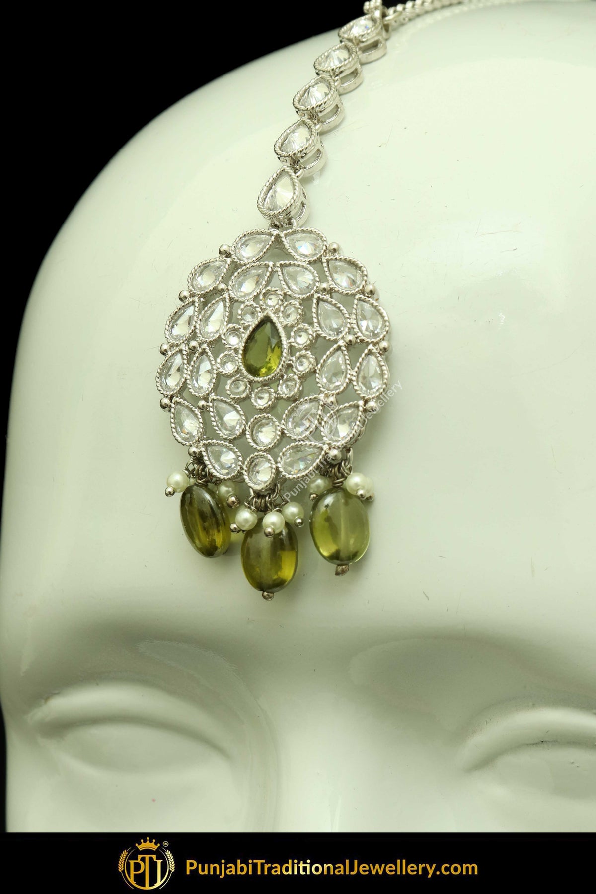 Silver Finished Polki Stone Pista Green Drops Oversized Stud Earrings & Tikka Set By Punjabi Traditional Jewellery