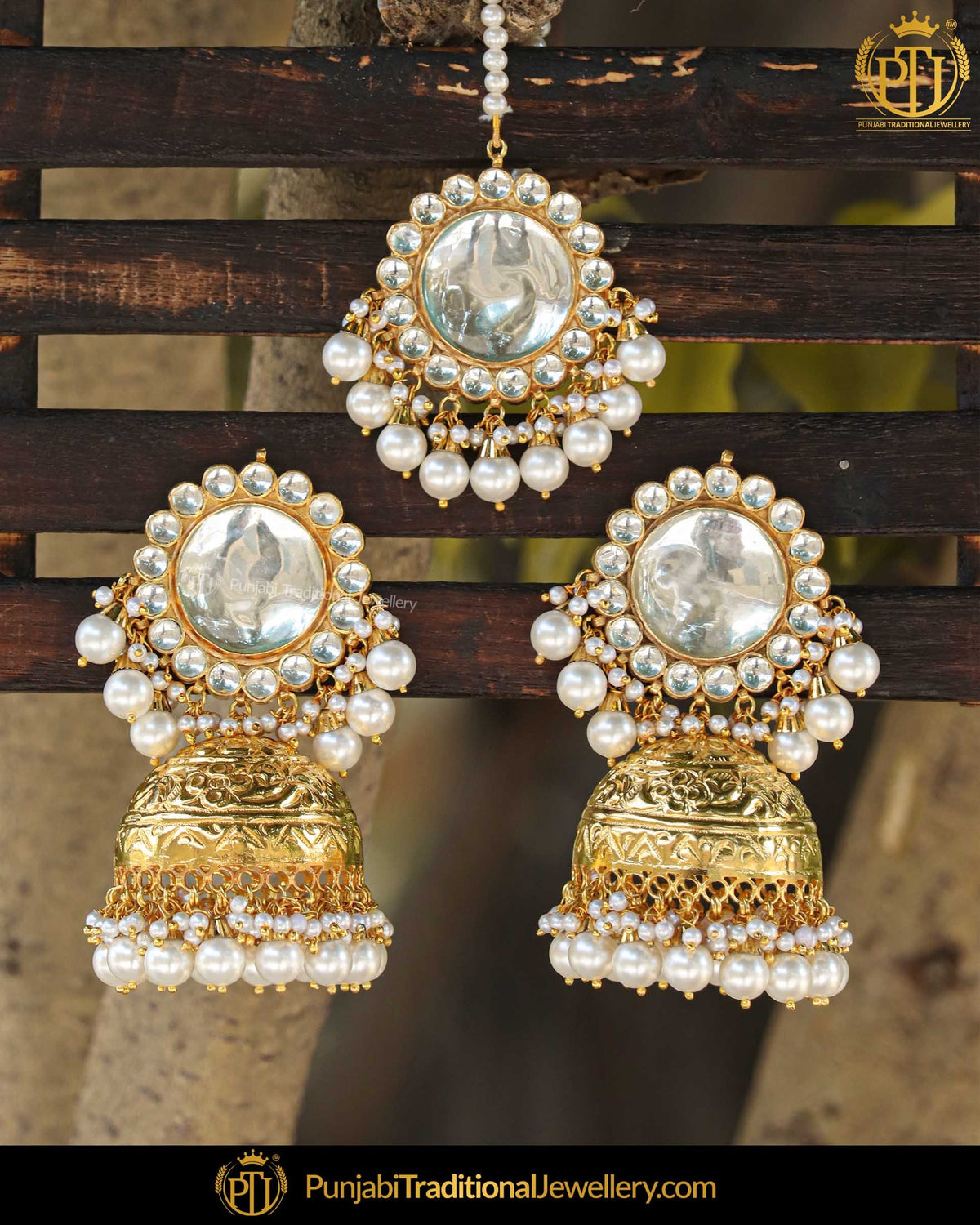 Gold Finished Kundan Pearl Jhumki Earrings & Tikka  | Punjabi Traditional Jewellery Exclusive