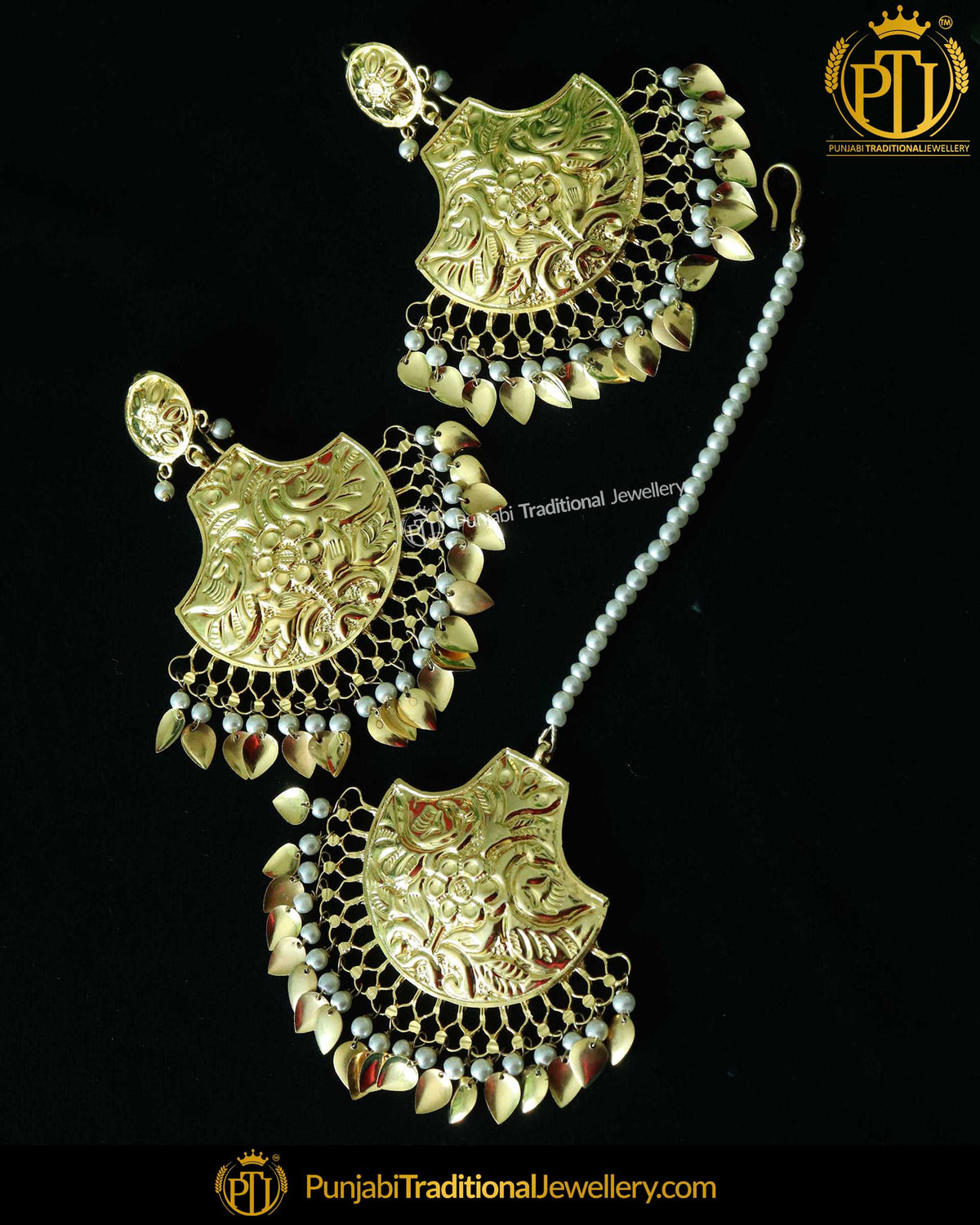 Gold Finished Pippal Patti Earring Tikka Set | Punjabi Traditional Jewellery Exclusive