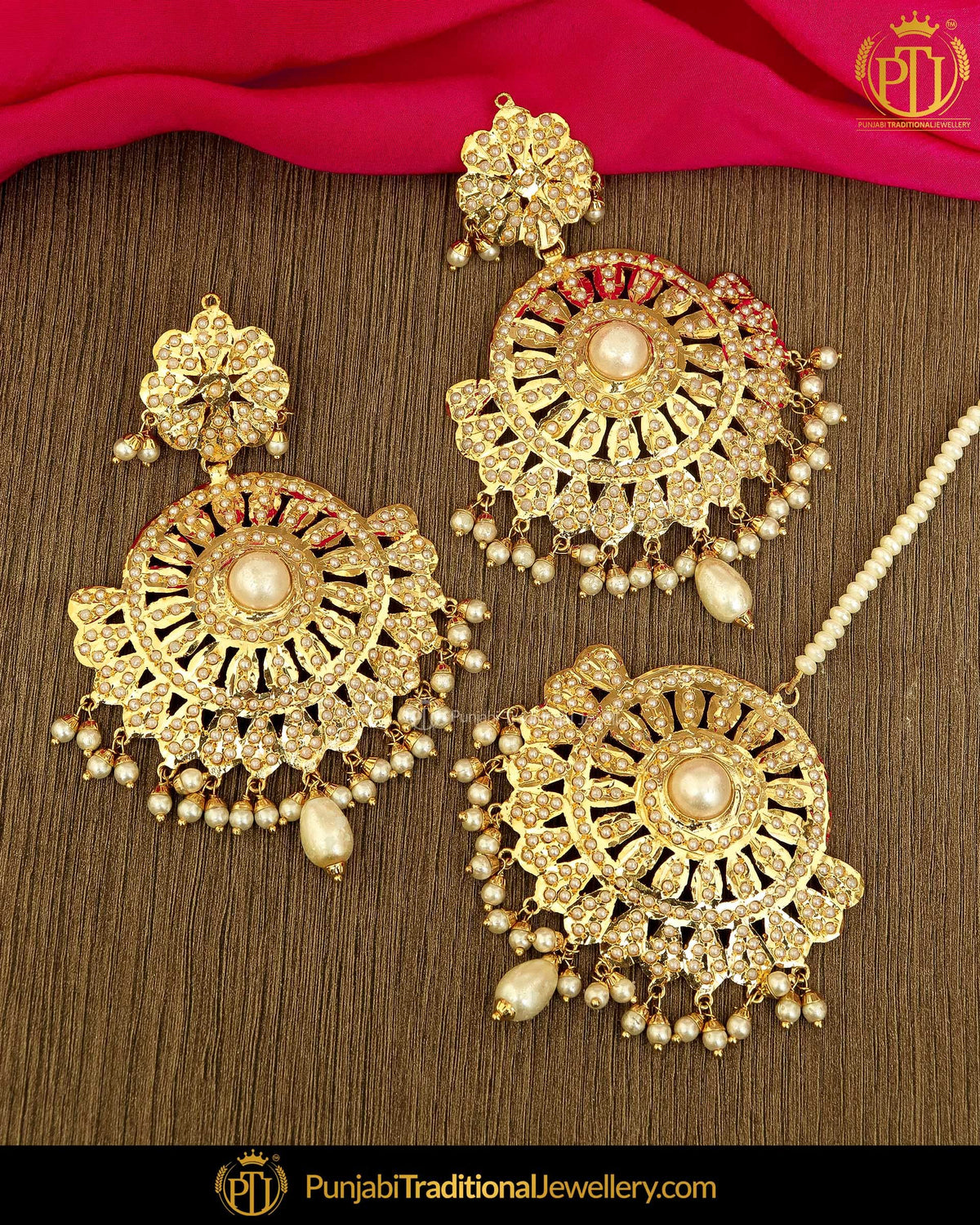 Gold Finished Pearl Jadau Earring Tikka Set | Punjabi Traditional Jewellery Exclusive