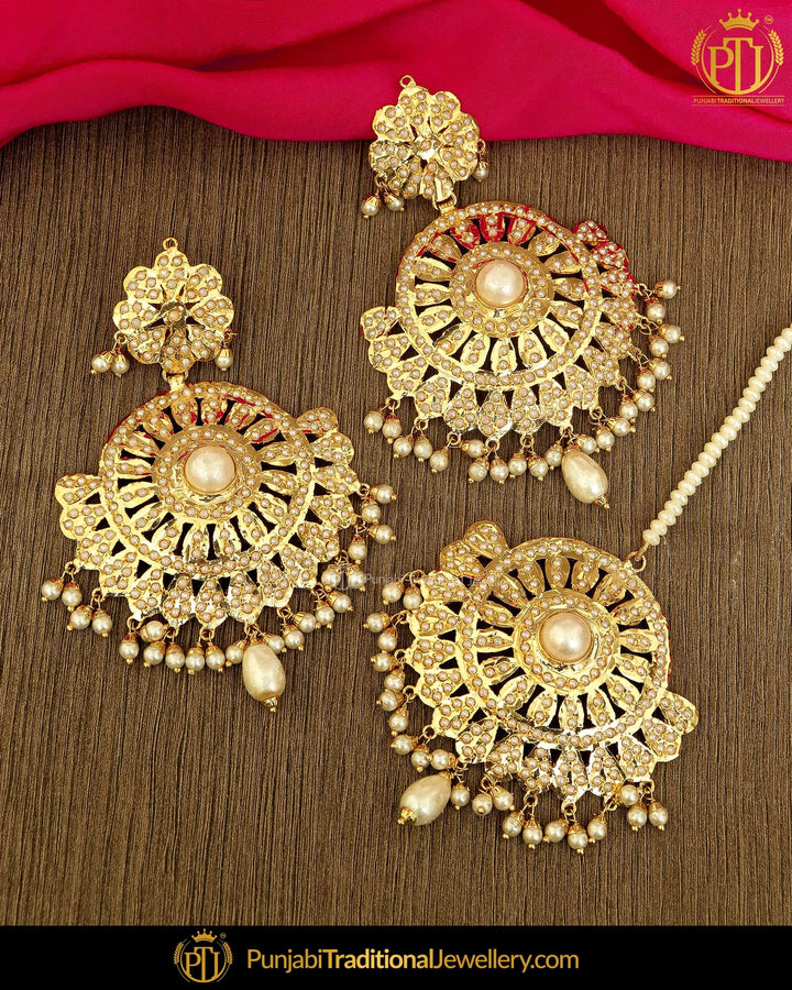 Gold Finished Pearl Jadau Earring Tikka Set | Punjabi Traditional Jewellery Exclusive