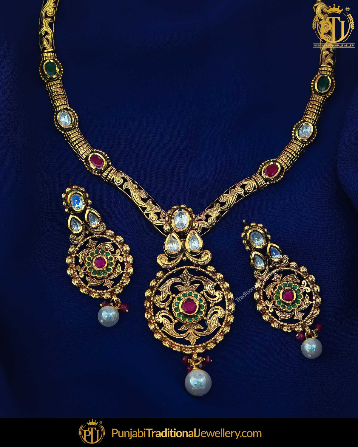 Antique Gold Finished Rubby Emerald Kundan Mugal Necklace Set | Punjabi Traditional Jewellery Exclusive