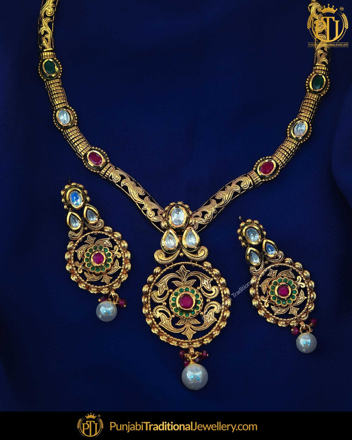 Antique Gold Finished Rubby Emerald Kundan Mugal Necklace Set | Punjabi Traditional Jewellery Exclusive