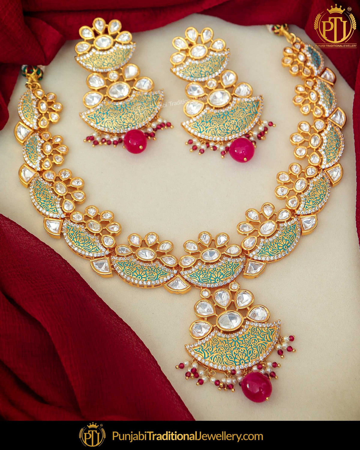 Hand Painted Emerald Meena Rubby Kundan Pearl Necklace Set | Punjabi Traditional Jewellery Exclusive
