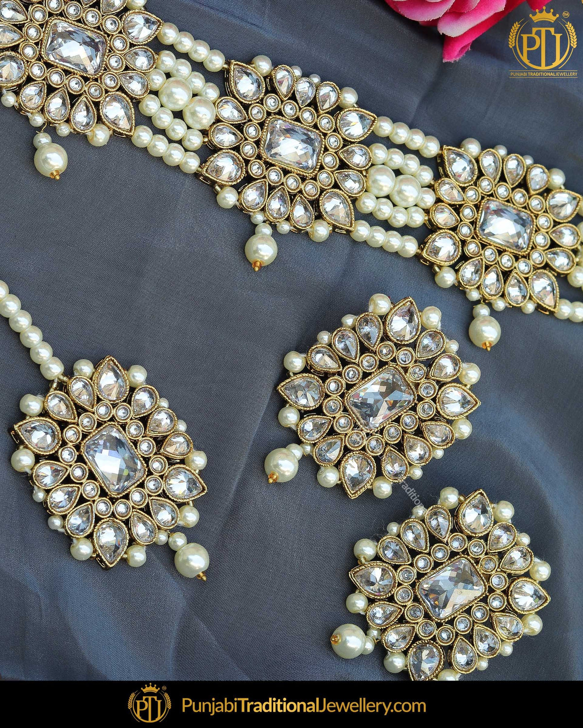 Gold Finished Polki Stone Pearl Choker Necklace Set | Punjabi Traditional Jewellery Exclusive