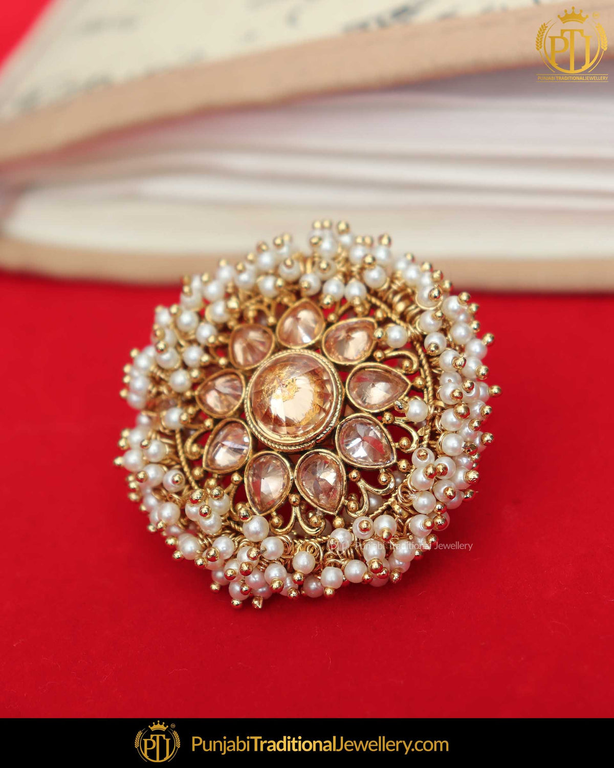 Gold Finished Pearl Champagne Stone Ring | Punjabi Traditional Jewellery Exclusive