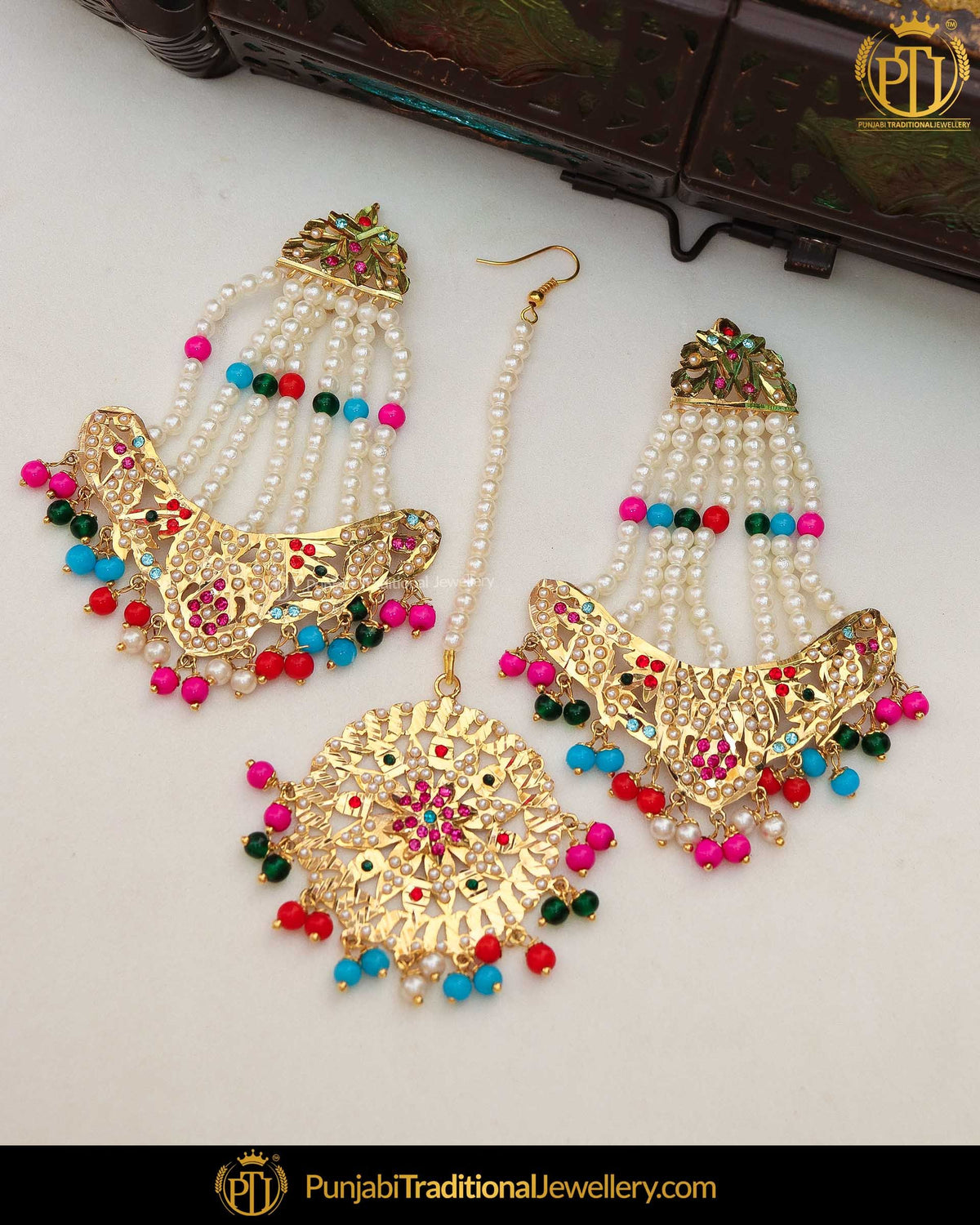 Gold Finished Navratan Jadau Pearl Earring Tikka Set | Punjabi Traditional Jewellery Exclusive