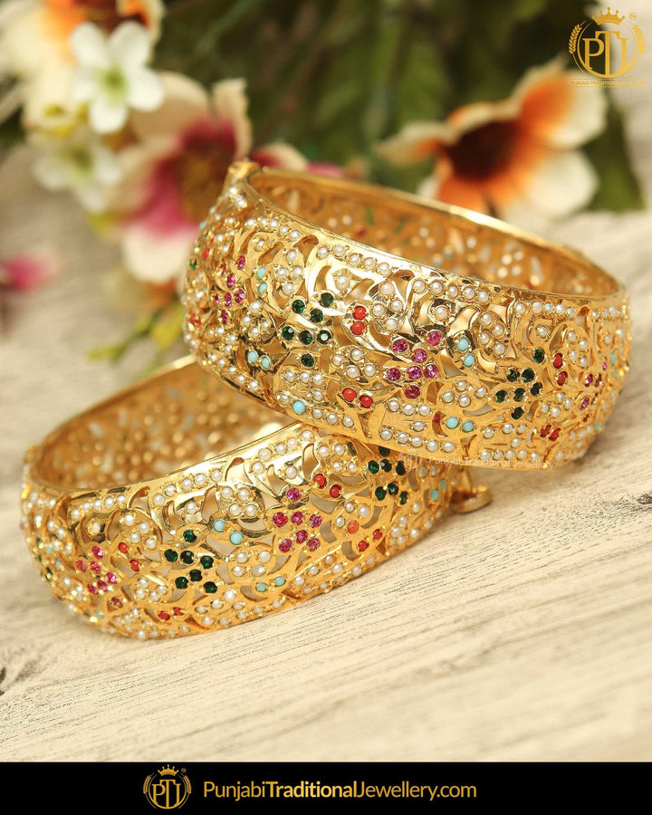 Gold Finished Navratan Jadau Karra Bangles (Pair)| Punjabi Traditional Jewellery Exclusive