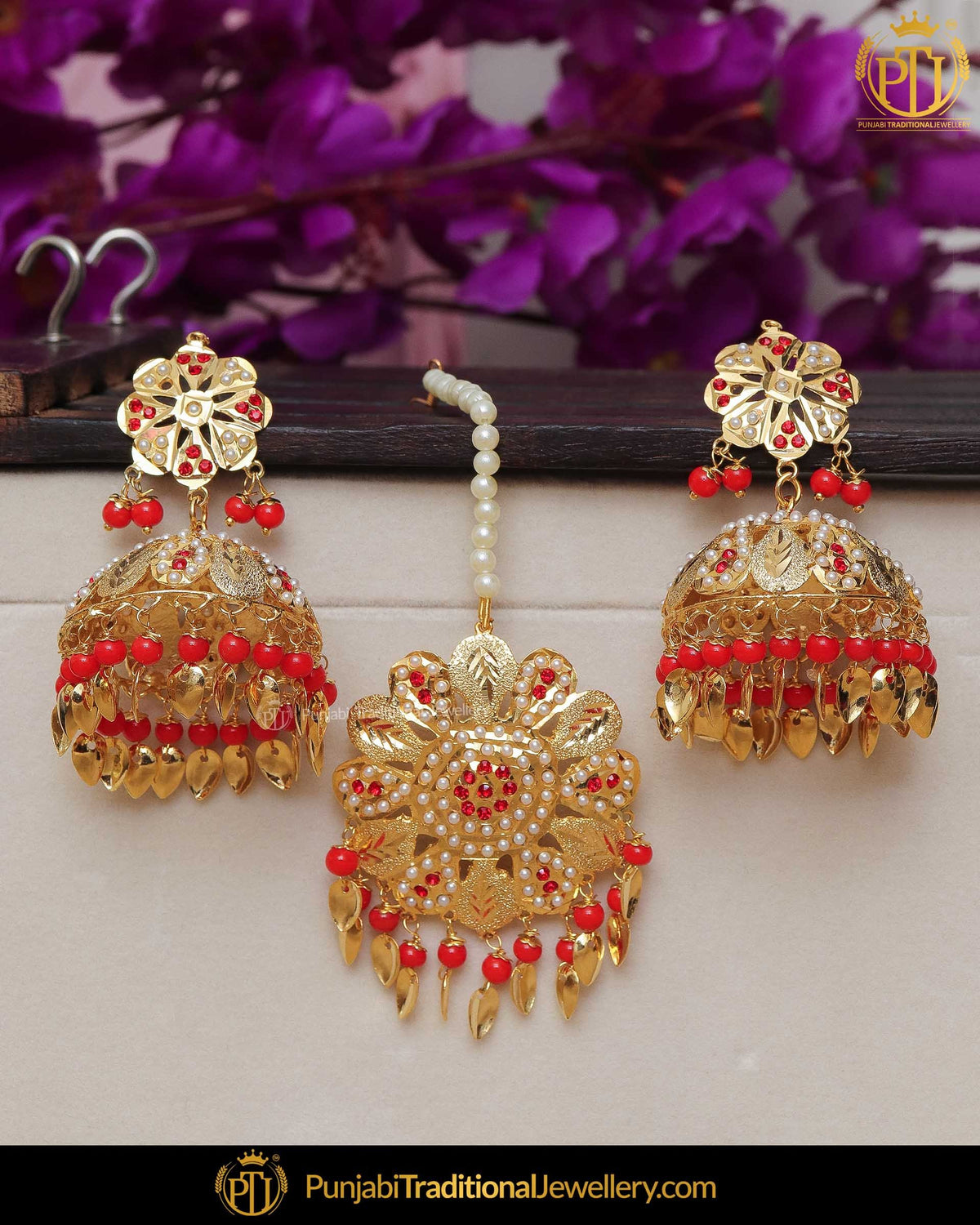 Gold Finished Jadau Orange Pippal Patti Pearl Earring Tikka Set | Punjabi Traditional Jewellery Exclusive