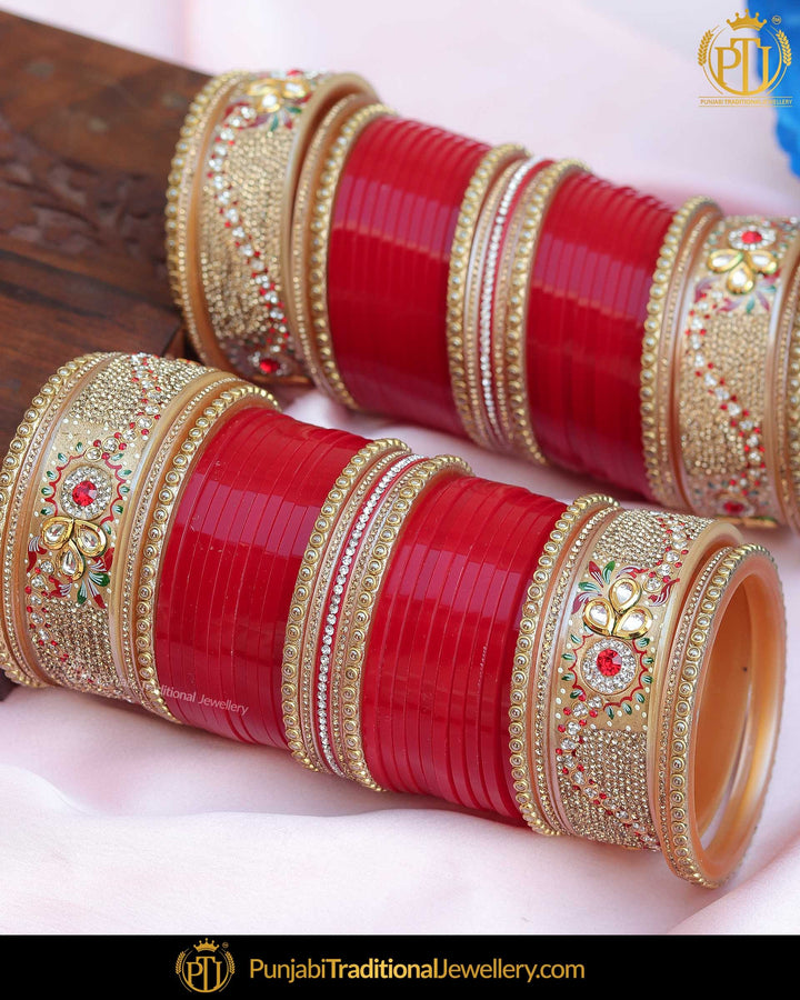 Hand Painted Meena Green Red Pearl Kundan Bridal Chura | Punjabi Traditional Jewellery Exclusive