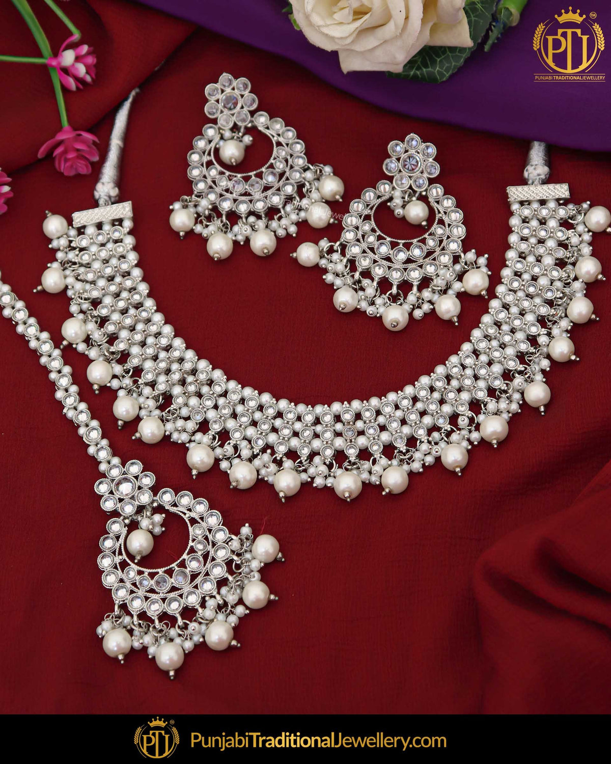Silver Finished Polki Stone Necklace Set | Punjabi Traditional Jewellery Exclusive