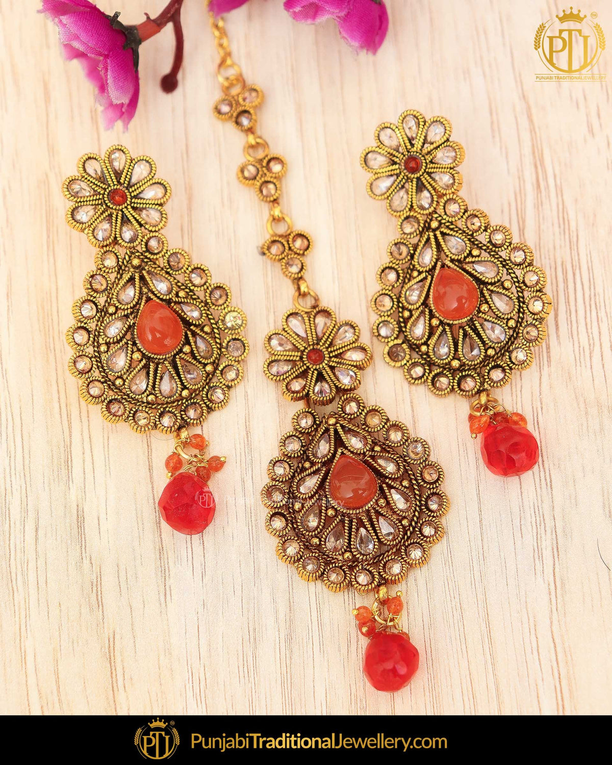 Gold Finished Polki Stone Rubby Pearl Earring Tikka Set | Punjabi Traditional Jewellery Exclusive