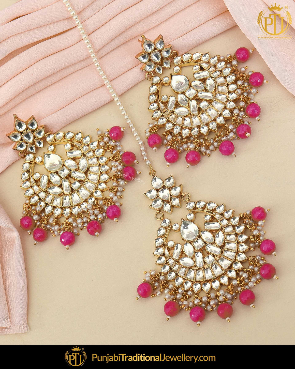 Gold Finished Pink Pearl Kundan Earring Tikka Set | Punjabi Traditional Jewellery Exclusive