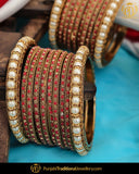 Antique Gold Finished Red Pearl Bangle Set (Both Hand Pair) | Punjabi Traditional Jewellery Exclusive