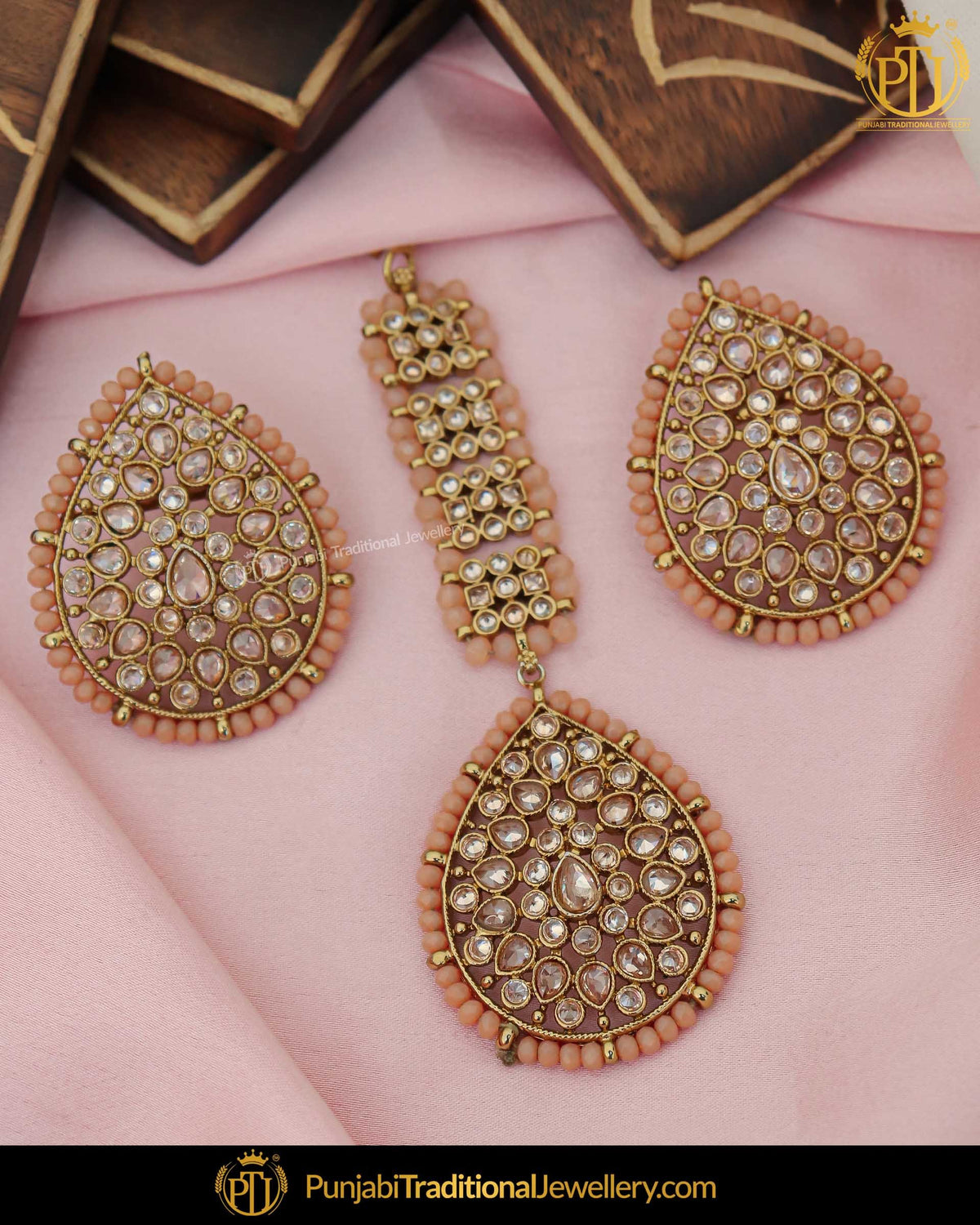 Gold Finished Peach Champagne Stone Stud Earring Tikka Set | Punjabi Traditional Jewellery Exclusive