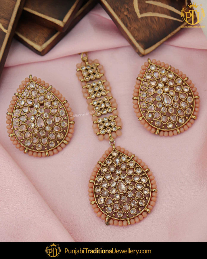 Gold Finished Peach Champagne Stone Stud Earring Tikka Set | Punjabi Traditional Jewellery Exclusive