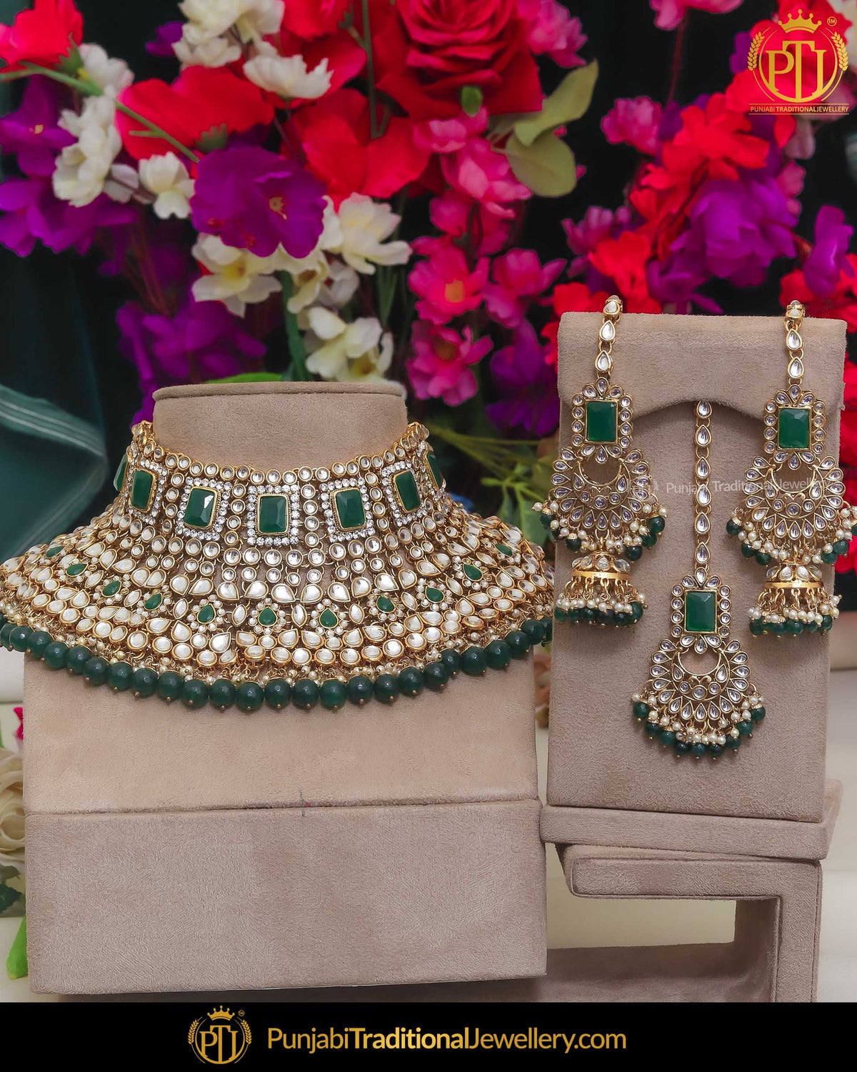Gold Finished Kundan Emerlad Pearl Choker Necklace Set | Punjabi Traditional Jewellery Exclusive