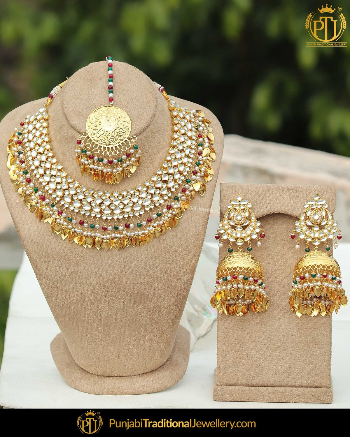 Gold Finished Pippal Patti Rubby Panna Kundan Pearl Necklace Set | Punjabi Traditional Jewellery Exclusive