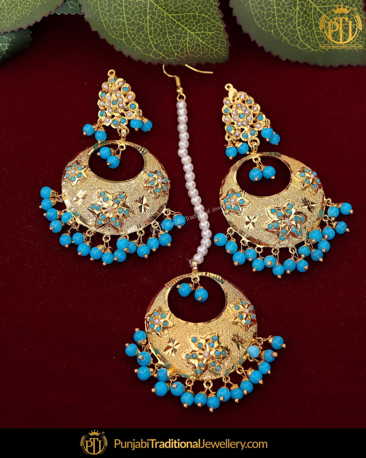 Gold Finished Pearl Firozi Jadau Earring Tikka Set | Punjabi Traditional Jewellery Exclusive