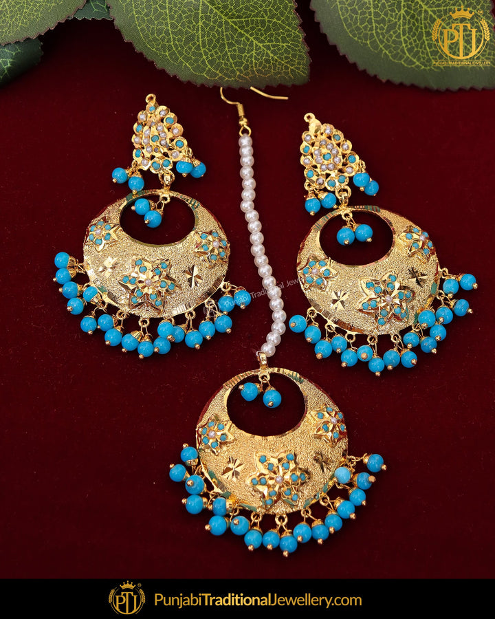 Gold Finished Pearl Firozi Jadau Earring Tikka Set | Punjabi Traditional Jewellery Exclusive
