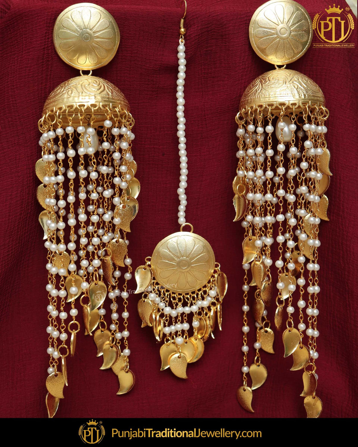 Gold Finished Patra Pippal Patti Jhumki Long Earrings & Tikka Set | Punjabi Traditional Jewellery Exclusive