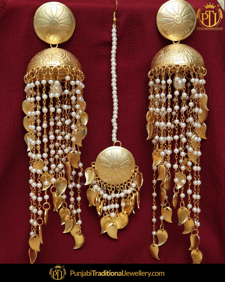 Gold Finished Patra Pippal Patti Jhumki Long Earrings & Tikka Set | Punjabi Traditional Jewellery Exclusive