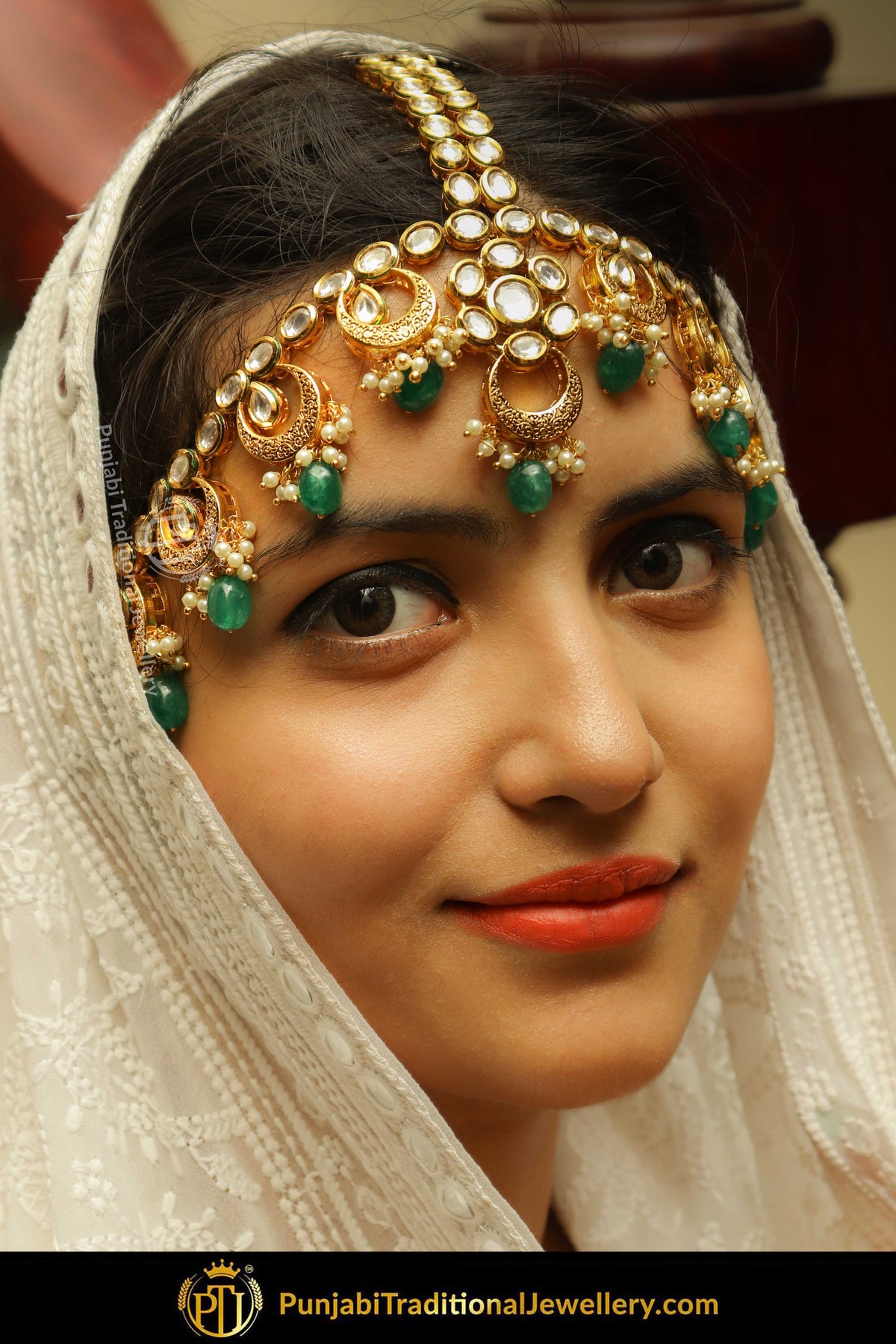 Gold Finished Kundan Emerald Matha Patti | Punjabi Traditional Jewellery Exclusive