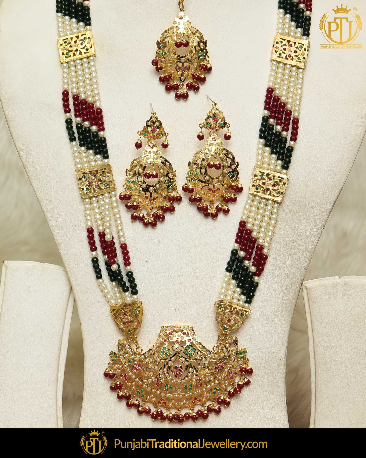 Gold Finished Rubby Emerald Jadau Pearl Necklace Set  | Punjabi Traditional Jewellery Exclusive