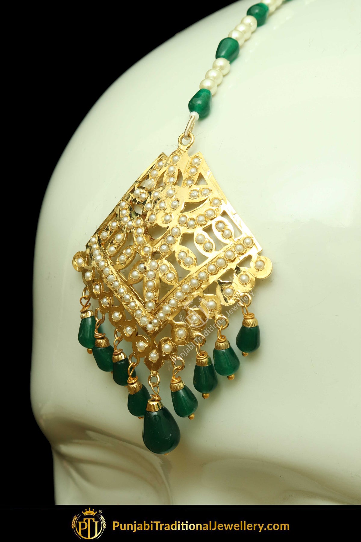 Gold Finished Emerald Jadau Pearl Earring Tikka Set | Punjabi Traditional Jewellery Exclusive