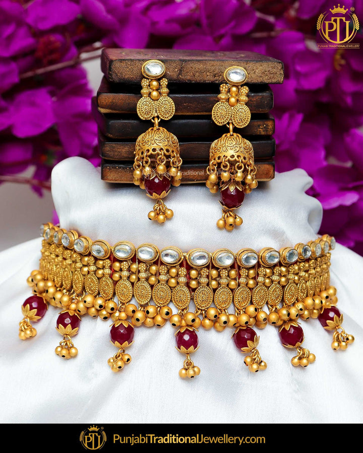 Antique Gold Finished Rubby Kundan Pearl Bridal Choker Necklace Set  | Punjabi Traditional Jewellery Exclusive