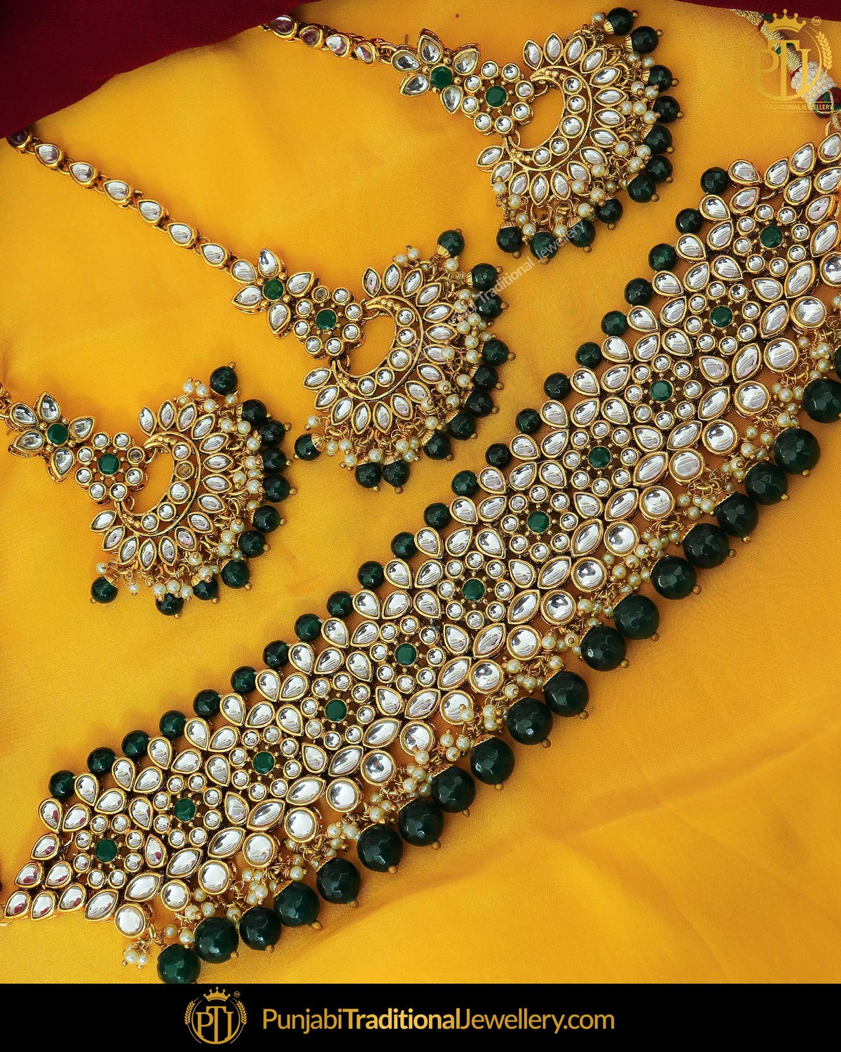 Gold Finished Emerald Kundan Pearl Choker Necklace Set | Punjabi Traditional Jewellery Exclusive