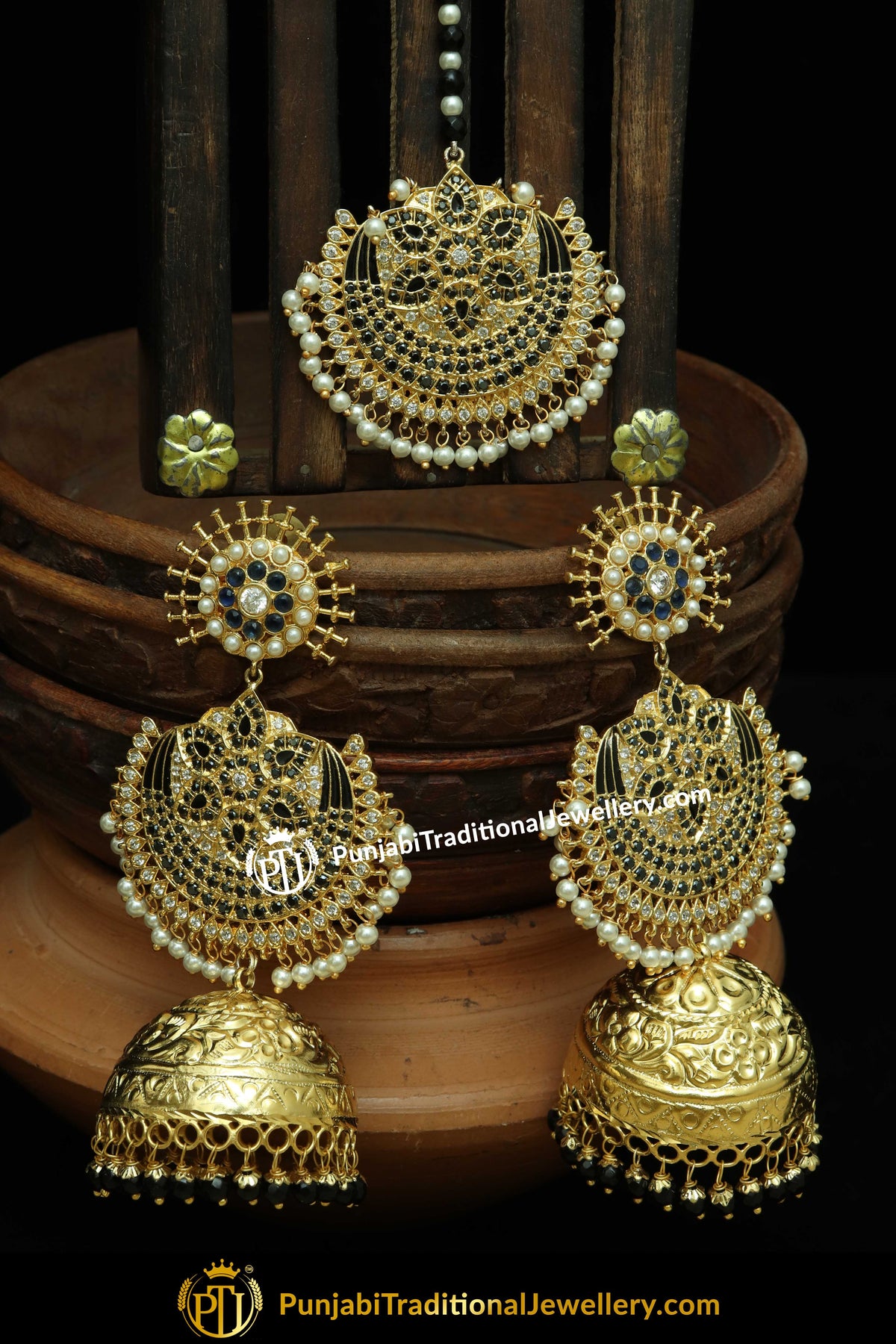 Gold Finished Green Pearl Earring Tikka Set | Punjabi Traditional Jewellery Exclusive