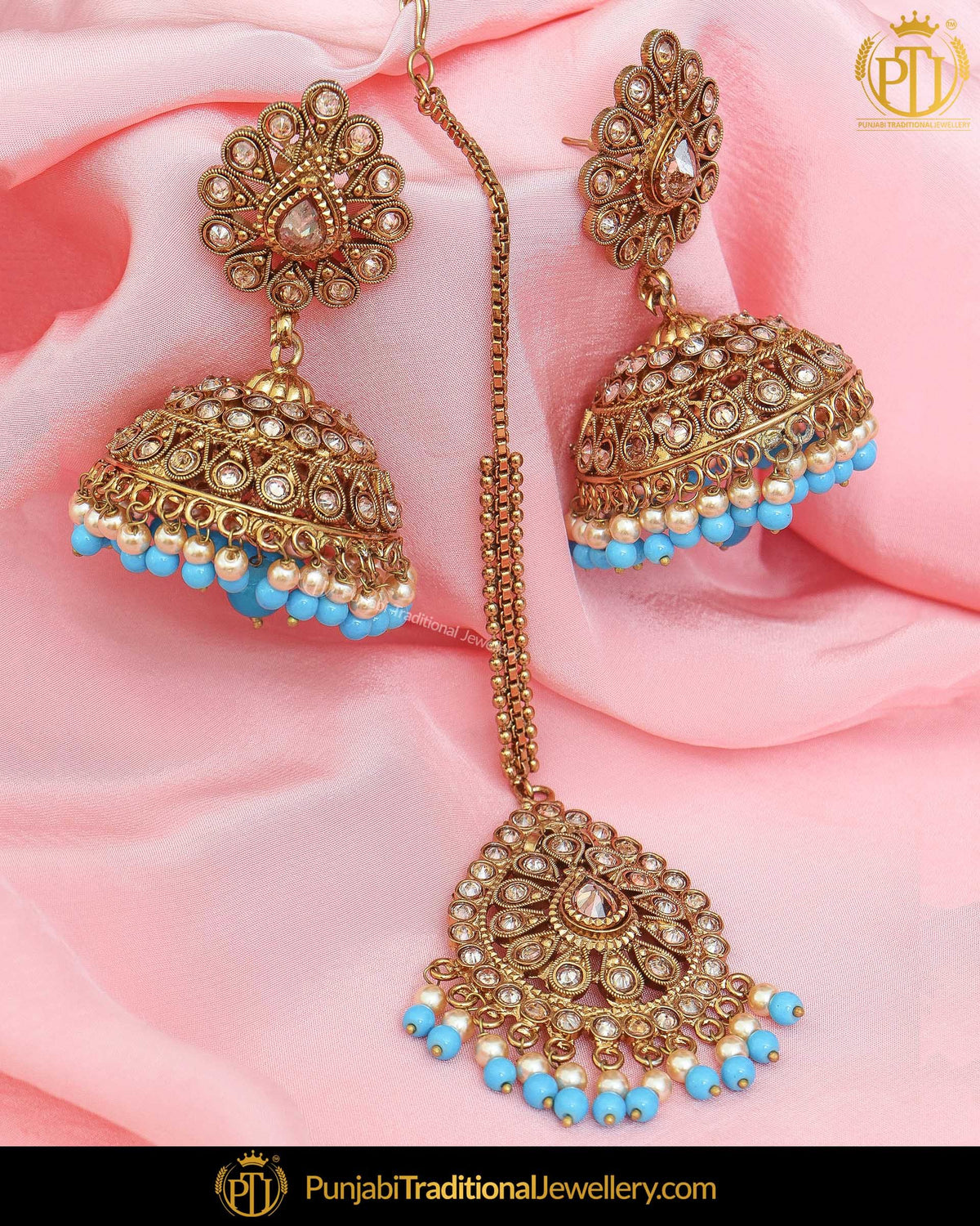 Antique Gold Finished Firozi Champagne Stone Jhumki Earrings & Tikka | Punjabi Traditional Jewellery Exclusive